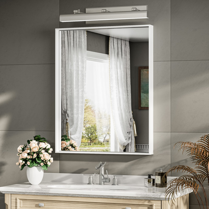 Miroir mural français en verre trempé et en alliage d'aluminium, Blanc, 30 po x 22 po