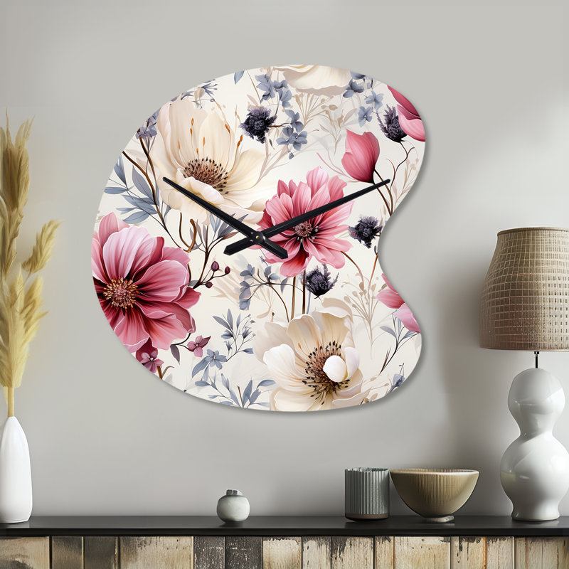 Pink And Beige Wildflower Paradise - Drop Shape Decorative Pink Floral Wall Clock, Small