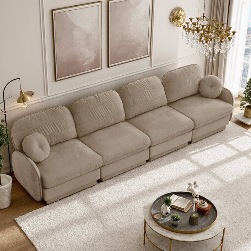 Canapé 137 pouces à 4 places avec coussins ronds et coussins de dossier matelassés 137 po, H 37,4 po x l 137 po x P 33,4 po