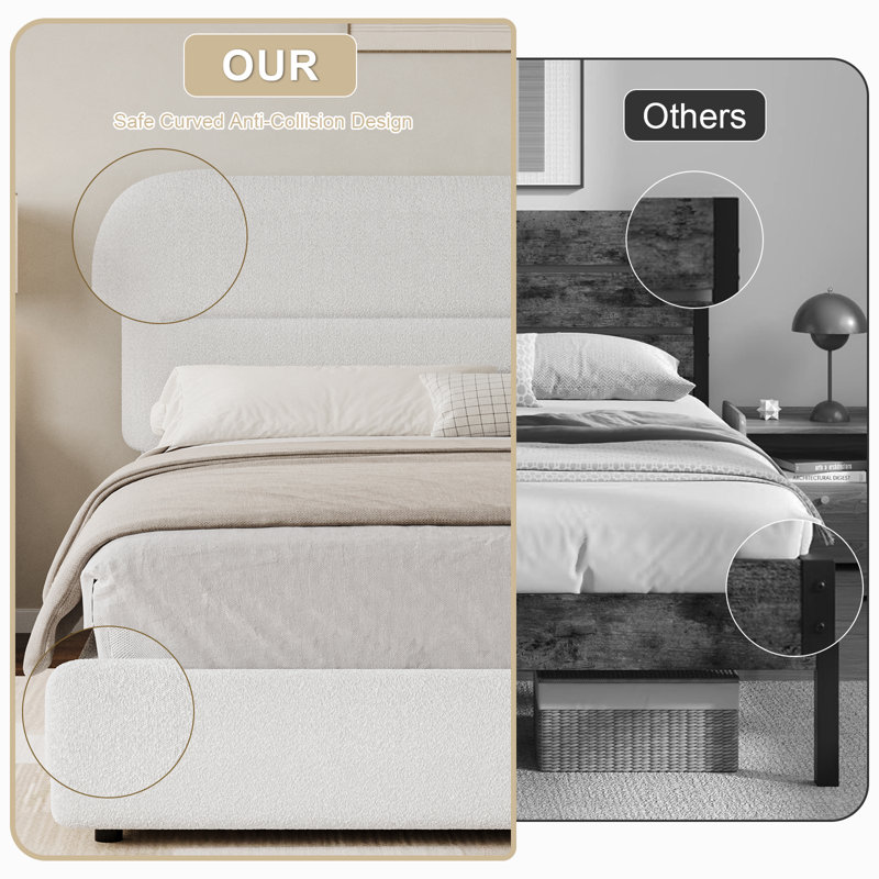 Queen White Boucle Upholstered Platform Bed Frame with Headboard