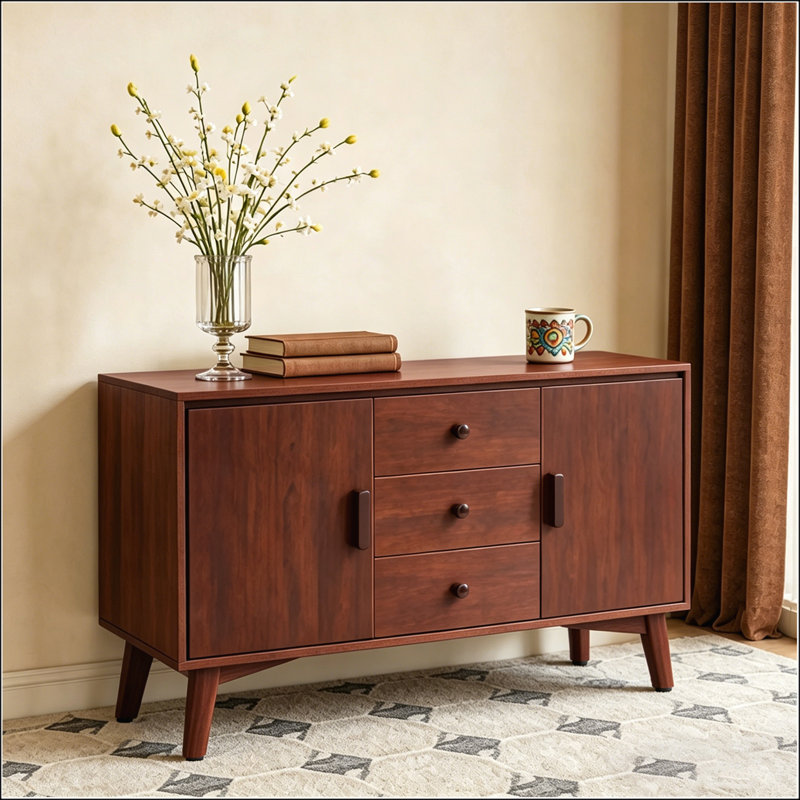 Buffet Mid-Century moderne avec cadre en bois massif, 2 portes, 3 tiroirs et tablettes réglables pour un rangement et une présentation polyvalents