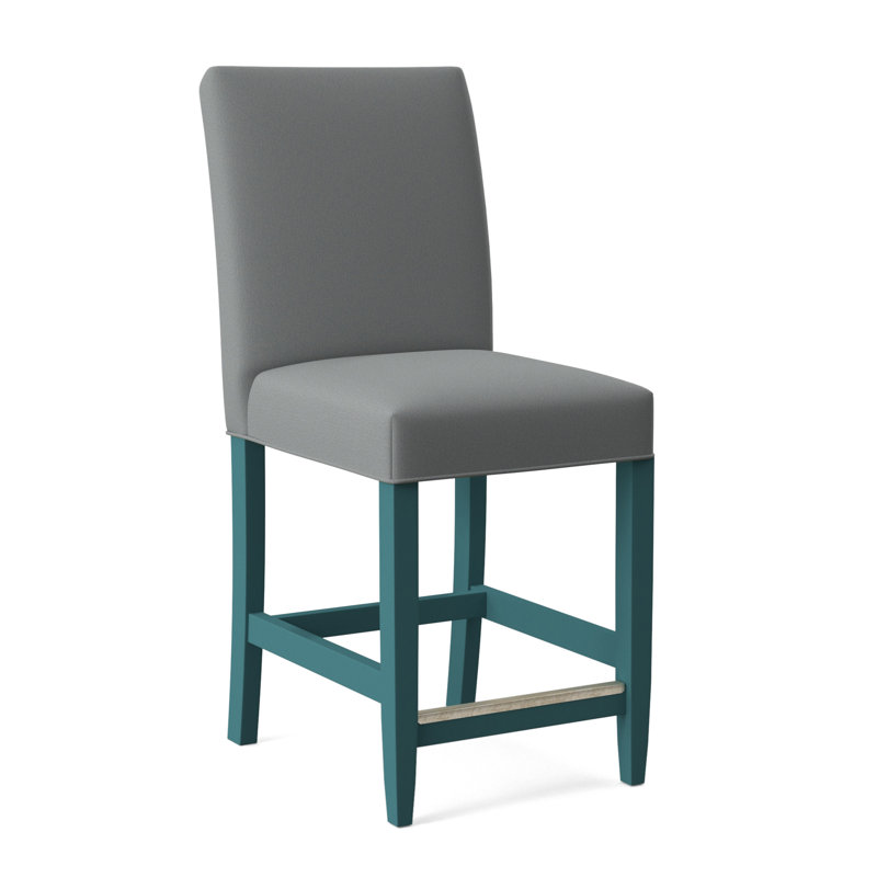 Manhattan Upholstered Stool with Solid Wood Frame, Light Blue Performance Fabric; 0851-55, Sea Glass Finish