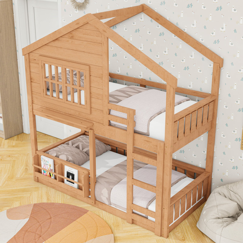 Wooden House-Shaped Bunk Bed With Window And Shelf, Twin Over Twin, Natural