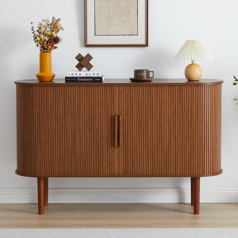 Sideboard Buffer Cabinet with Fluted Slide Doors, Walnut