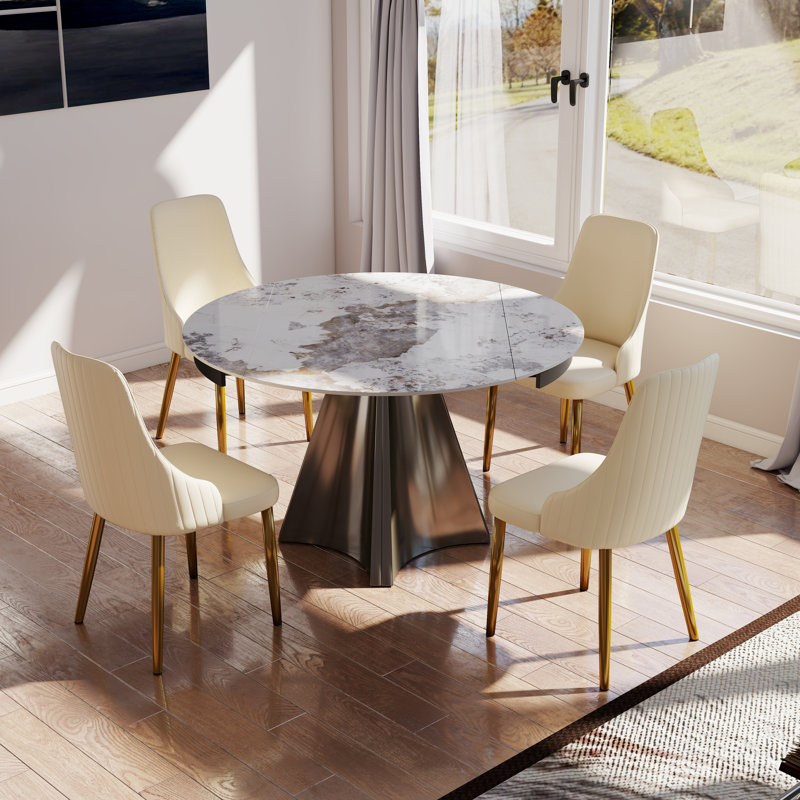 Extendable Round Sintered Stone Dining Table, Pandora, 29.53"H x 51.18"L x 51.18"W