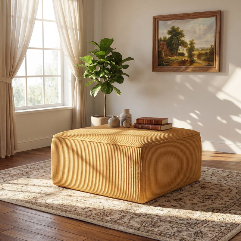Orrey Upholstered Ottoman, Yellow Corduroy, 15" H x 29.7" W x 29.7" D