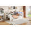 Lit plateforme simple en bois avec tête de lit tapissier confortable, tablettes de rangement, tiroirs, ports de charge, éclairage et bureau à DEL, fonction beige blanc de pin, table 7 couleurs et coussin