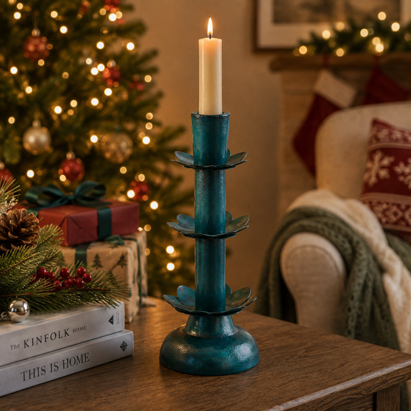 Metal Tabletop Candlestick, Green, 11" H x 5" W x 5" D