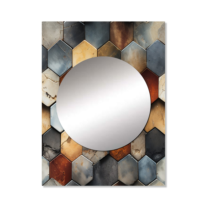 Montlucon rustique motif hexagonal Boho - miroir décoratif géométrique, grand miroir mural moderne, art imprimé en métal