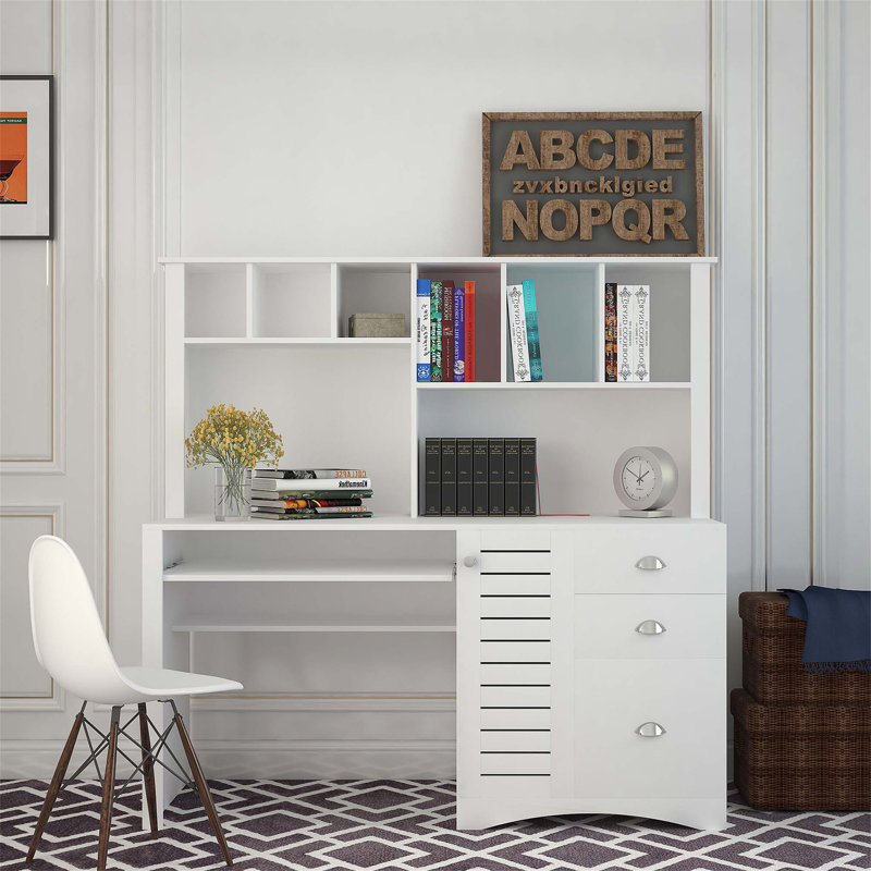 Spacious Home Office Computer Desk with Hutch, Antiqued White, Ample Storage and Cable Management, White