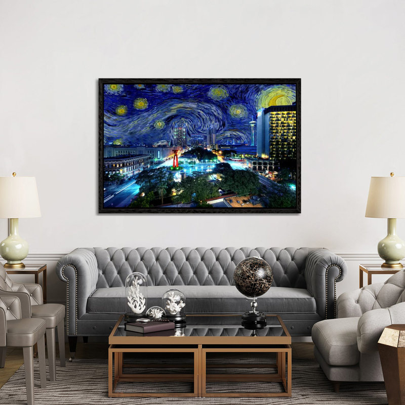 San Antonio, Texas Starry Night Skyline - Print on Canvas, Black Framed, 152.5 cm H x 101.5 cm W