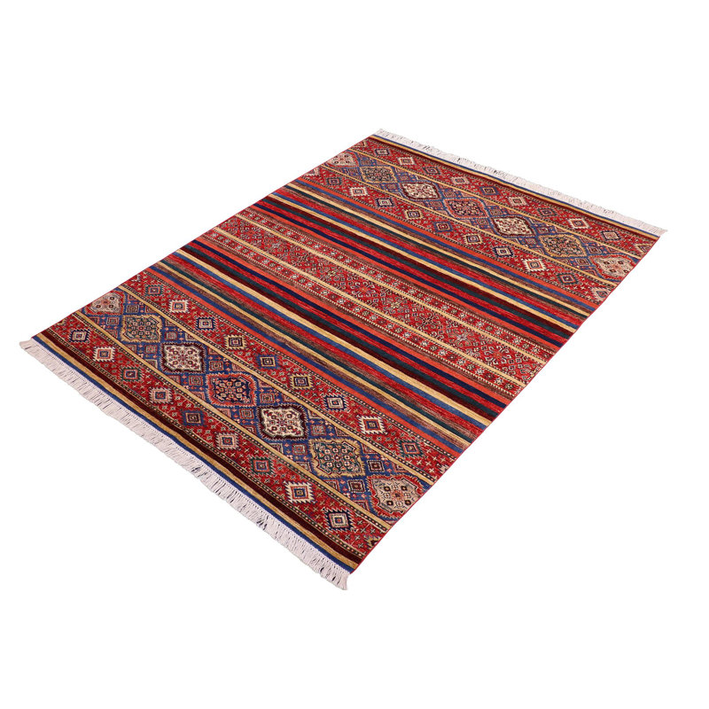 Tapis rouge en laine noué à la main 5 pi 9 po x 7 pi 10 po Parikhas Southwestern