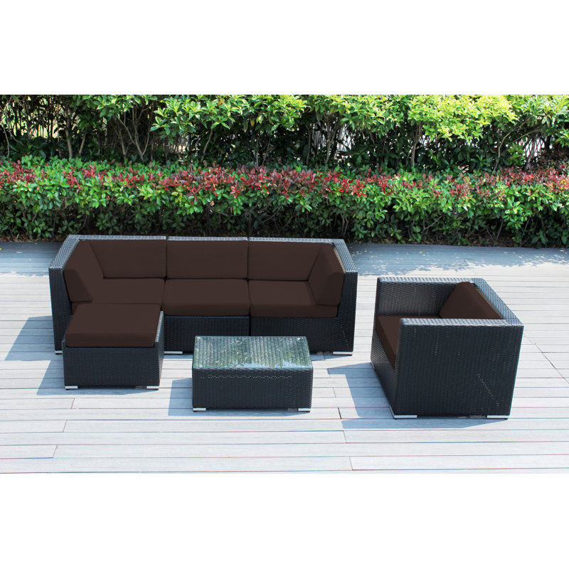 Ensemble de conversation en osier pour 5 personnes avec coussins Lumini, Toile Sunbrella® taupe