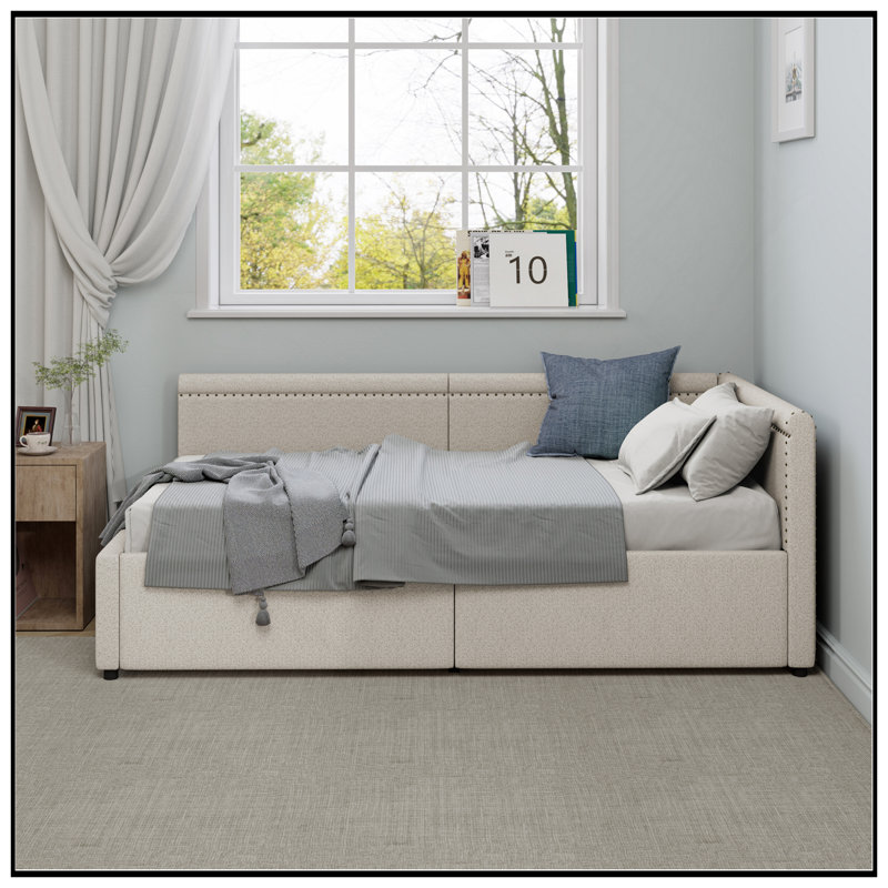 Lit de coin en L de style moderne avec lit simple en lin et deux tiroirs de rangement, Beige