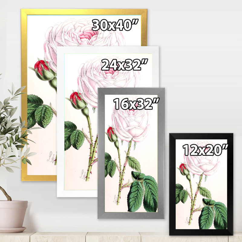 Fleur rose rétro - peinture sur toile, Cadre photo argenté, H 32 po x l 16 po x P 1 po