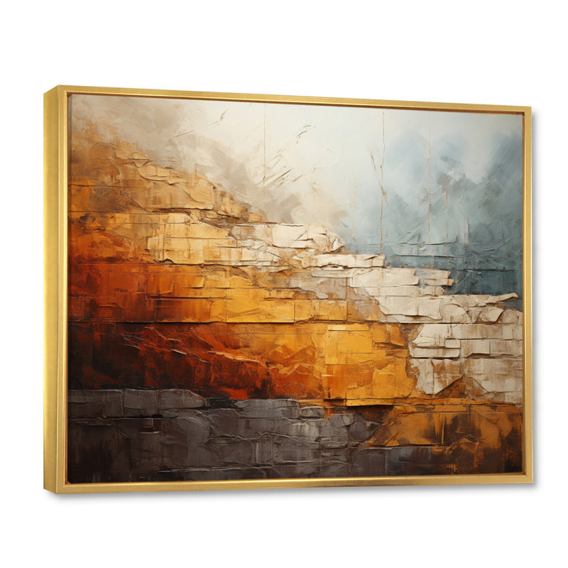 Grey And Orange Geological Wonders - Abstract Collages Canvas Art Print, Cadre flottant doré, H 34 po x l 44 po x P 1,5 po