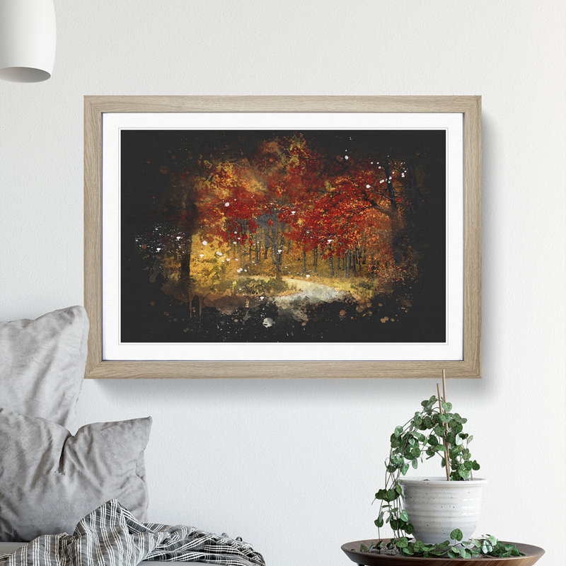 Path Through The Forest At Autumn - Single Picture Frame Print on MDF, 33cm H x 45cm W x 2cm D, Oak Framed