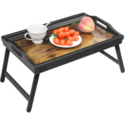 Rustic Bamboo Bed Tray with Media Slot – Foldable Breakfast Serving Table with Black Legs