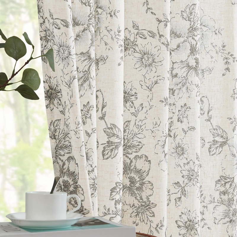 Neacsa Linen Semi Sheer Peony Flower Patterned Rod Pocket Curtain Pair, Gray, 50" W x 96" L