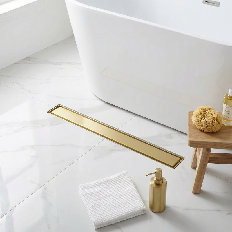 Drain de douche rectangulaire moderne avec insert 2 en 1 et couvercle plat convenant à Bahtroom, Or brossé, 27.56"