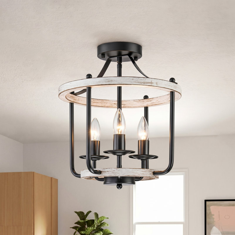 3-light Farmhouse Semi Flush Mount, Matte Black/White Wood Accents
