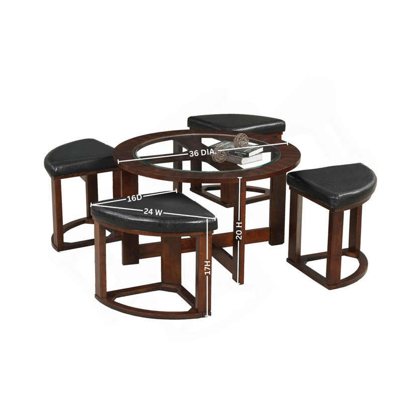 Table basse cylindrique en bois avec plateau en verre et 4 tabourets Cylina