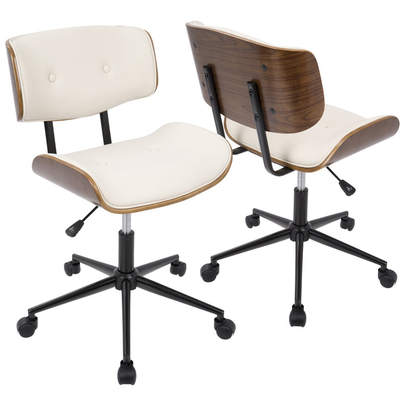 Chaise de bureau moderne du milieu du siècle, hauteur réglable, revêtement en similicuir crème monobloc capitonné, Cream