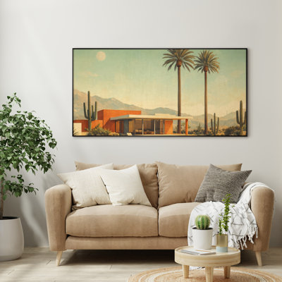 Extra Large Wall Art Fabric Print - Mid Century Desert Modern House with Palm Trees and Pool for Living Room - "Frame Assembly Required (Unfinished Frame)"