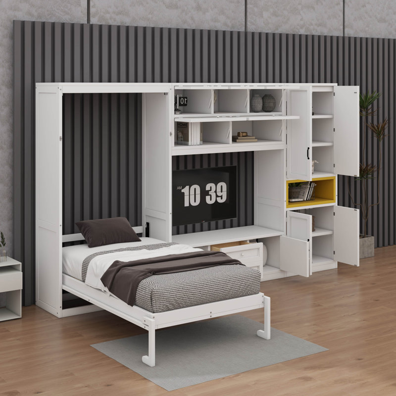 Lit escamotable simple en bois avec meuble télé, 2 tiroirs, tablettes et armoires, Blanc