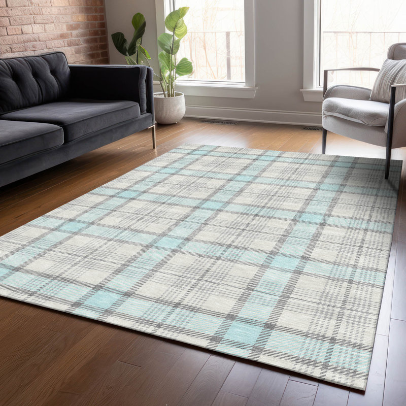Sky Blue and Gray Synthetic Washable Plaid Area Rug