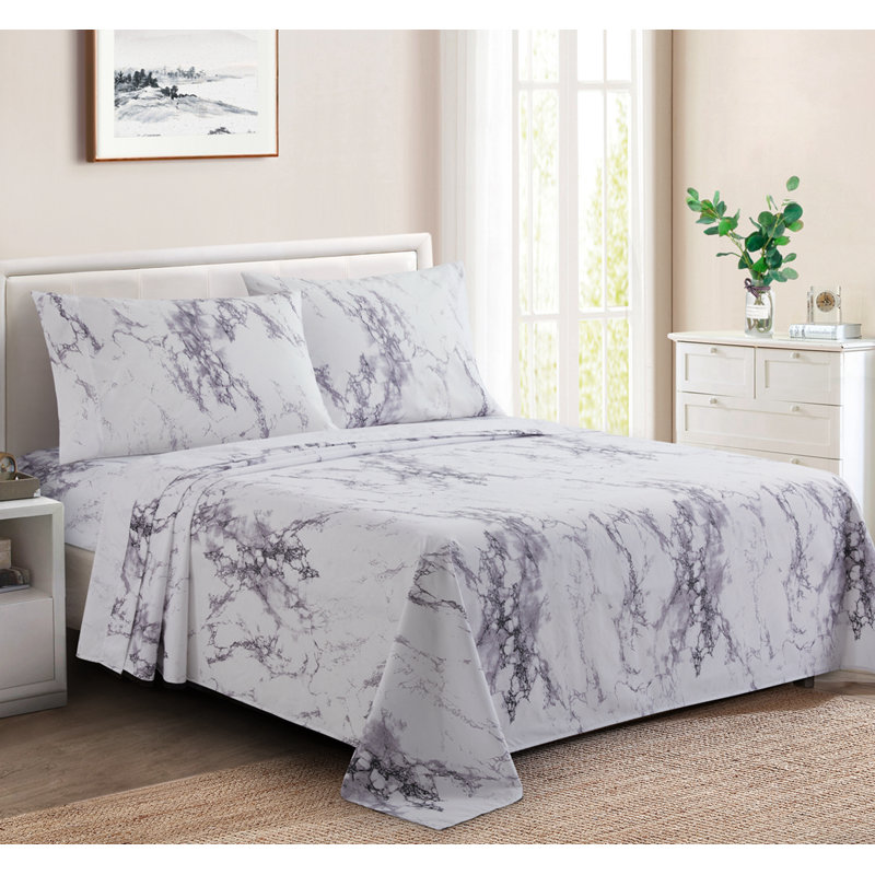 Marina Decoration 600 Thread Count Home Bedding Bedroom Soft Bedsheet Deep Pocket Hotel Standard Percale All Season 4 Pieces Printed Cotton Sheet Set, White Marble Pattern Queen Size