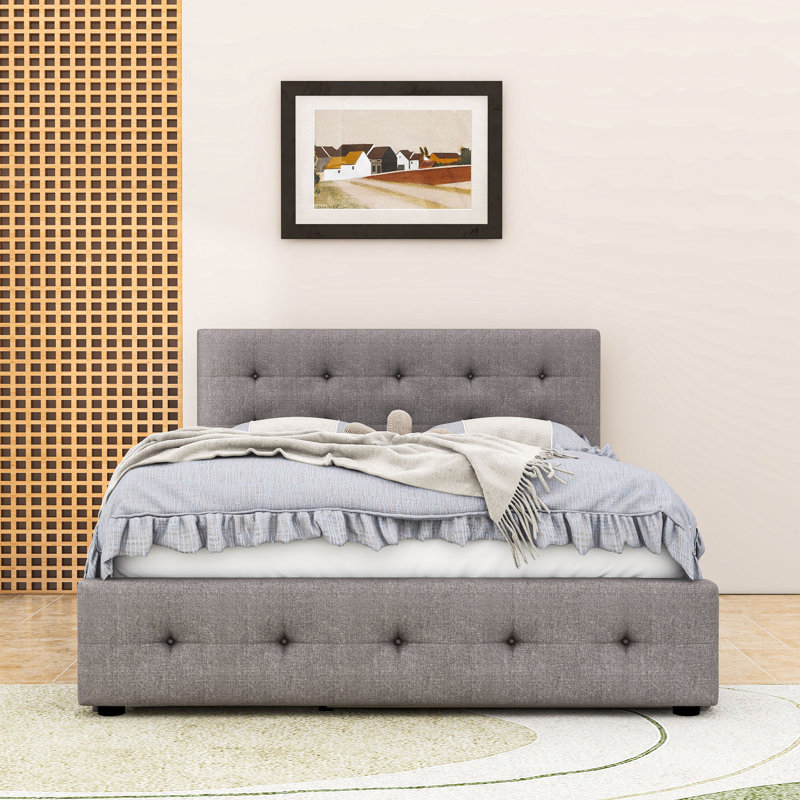 Grand lit plateforme tapissier avec tête de lit capitonnée, lit simple TG et tiroirs, Gris clair