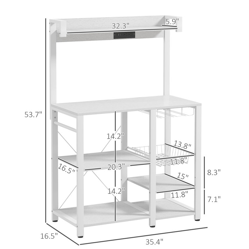 White Composite Kitchen Baker's Rack with LED Lights and Charging Station