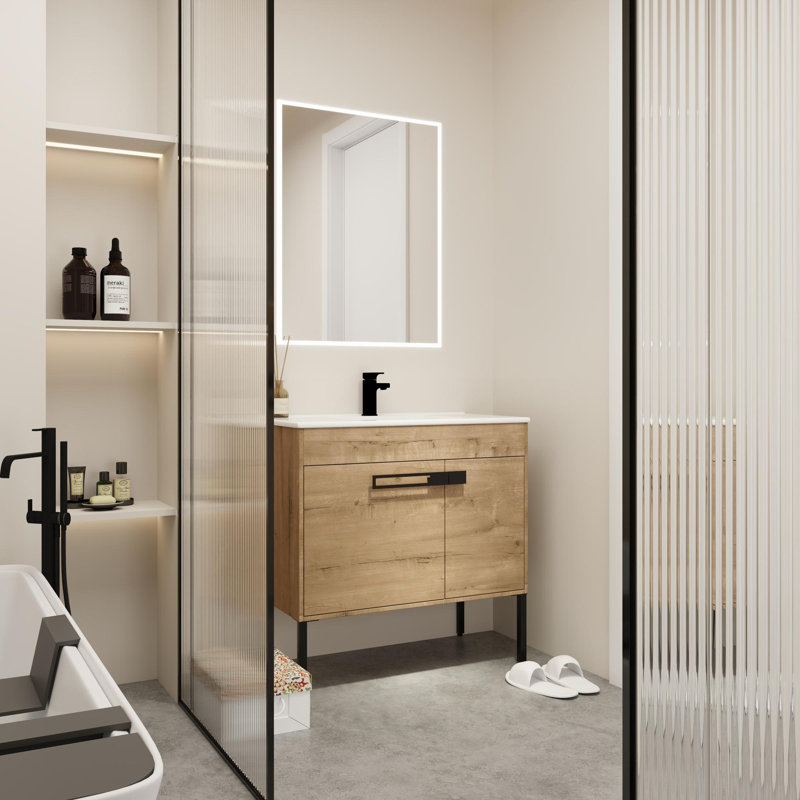 Meuble-lavabo de salle de bain, Imitation chêne, 36"
