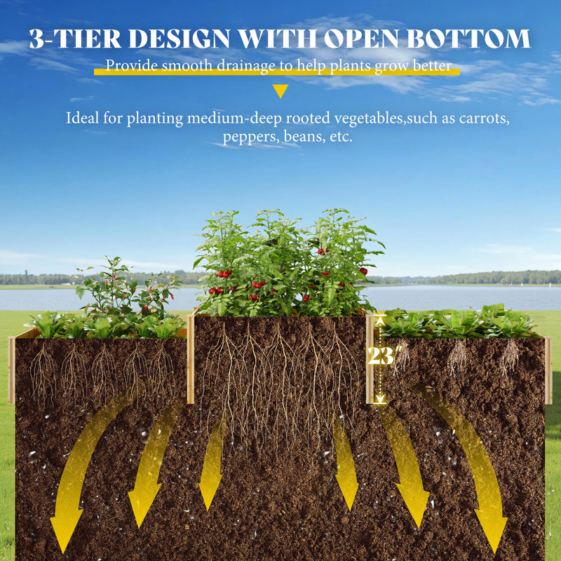 Lit de jardin surélevé en sapin massif à 2 niveaux avec mortaise et construction Tenon, boîte à fleurs à fond ouvert à 3 sections pour légumes, fleurs et herbes (142 po x 49 po x 24 po)