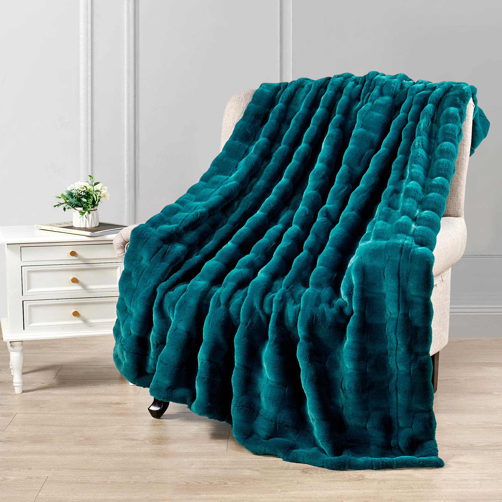 Biscoe Faux Fur Knitted Throw Blanket, Teal, 60"W x 70"L