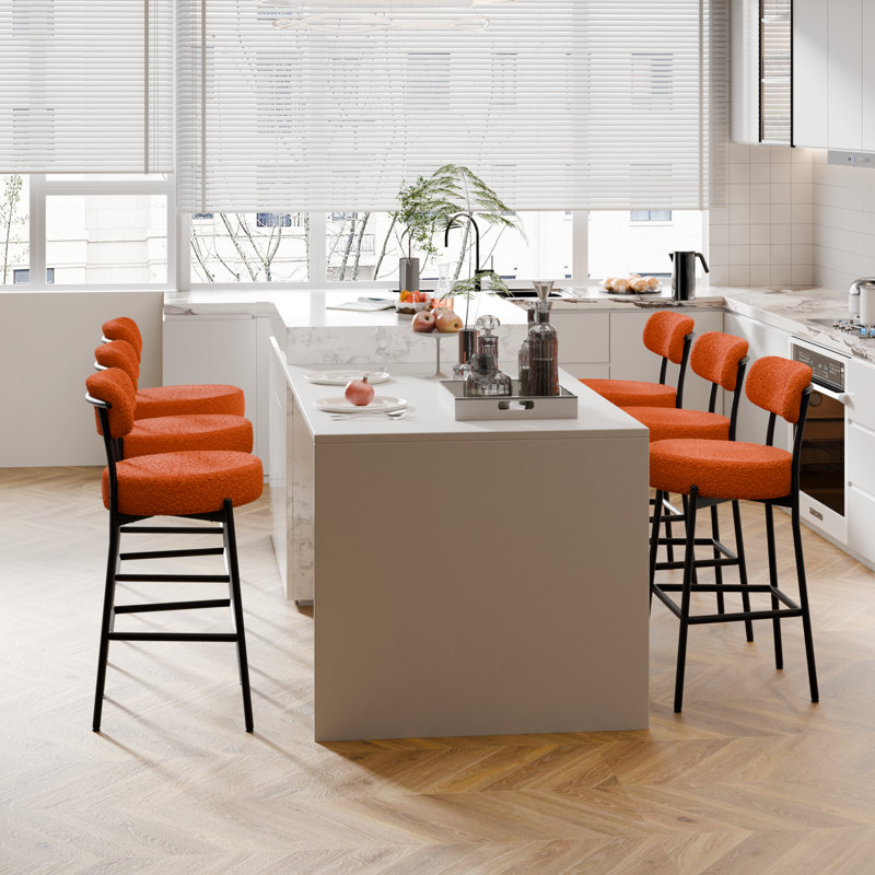 Sherpa Counter Height Bar Stools Set of 4 Modern Upholstered Barstools with Curved Open Back/Round Seat Boucle Comfortable Bar Chairs for Kitchen Island, 24.6 Inch