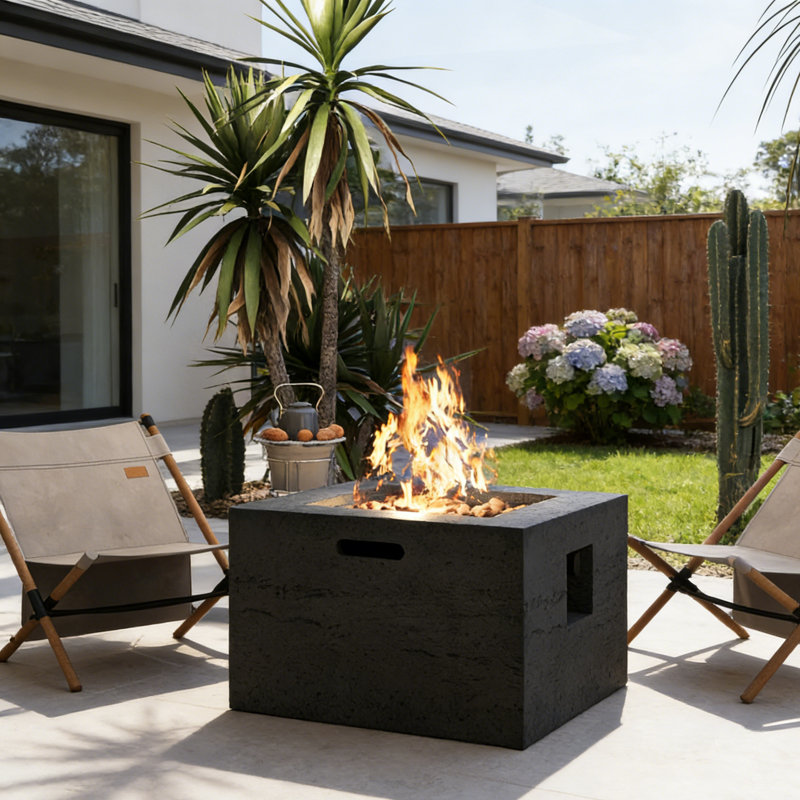 24" Square Propane Fire Pit Table With 40,000 BTU Burner, Lightweight MGO Stone-Look Outdoor Fire Pit With Lava Rocks & Rain Cover For Patio Backyard