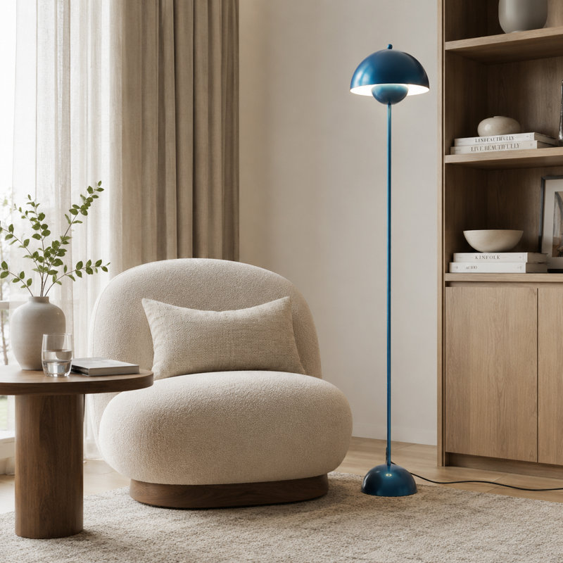 Modern 11.8" Blue Flowerpot Arc Floor Lamp with Double Metal Shade, Marble Base, Plug-In Standing Reading Lamp for Living Room, Bedroom, Office, Mid-Century Modern Nordic Home Decor