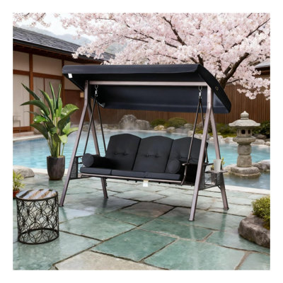 3-Seat Steel Porch Swing with Stand for Garden, Poolside, and Backyard, Black