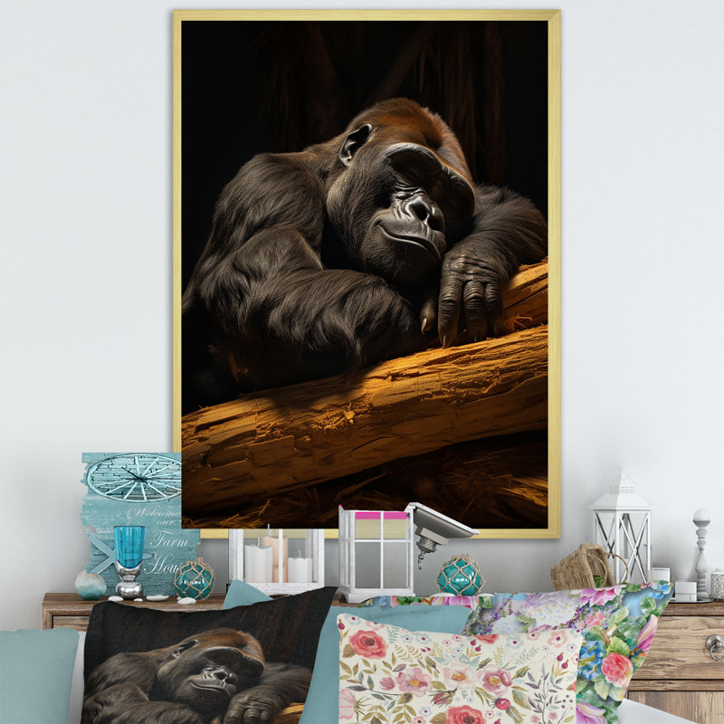 Gorille de la sieste sur toile, H 20 po x l 12 po x P 1 po, Cadre doré simple