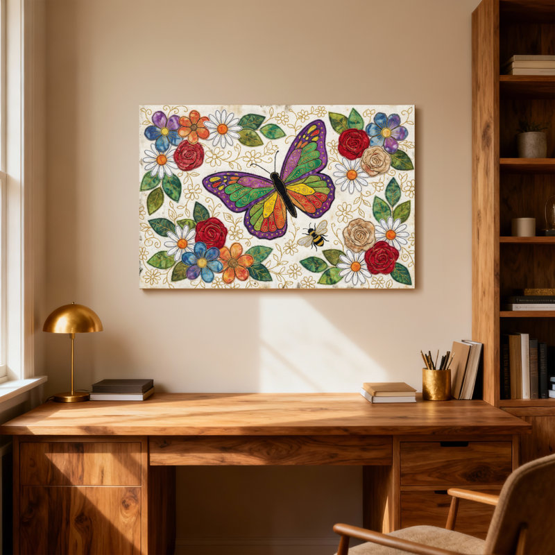 Animaux, papillon, fleurs, abeille, motif de jardin, conception artistique, H 12 po x l 18 po
