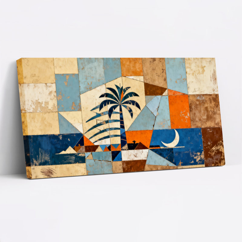Ensemble de 1 tableau sur toile imprimée représentant un palmier tropical abstrait et la lune, H 12 po x l 36 po