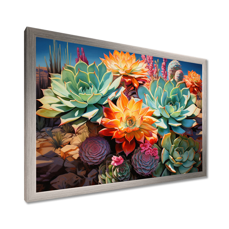 Succulentes vertes, orange, fleurs du désert II, H 34 po x l 44 po x P 1,5 po, Cadre simple argenté