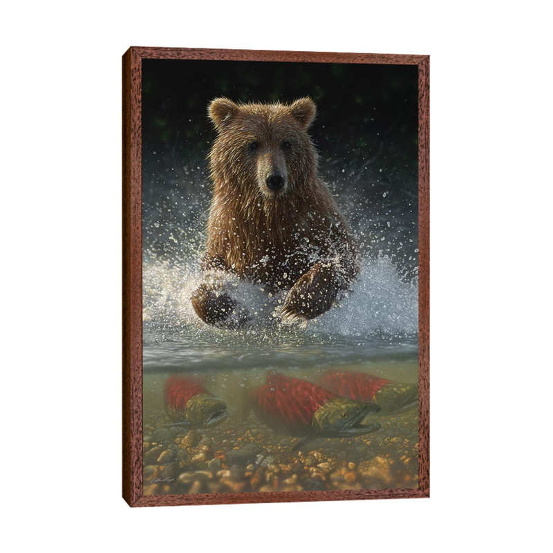 Brown Bear Fishing Hole by Collin Bogle - Print on Canvas, 66.04 cm H x 45.72 cm W, Classic Brown Wood Framed