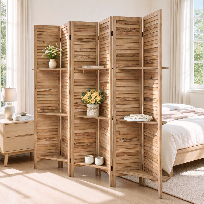 Cloison de séparation en bois à 6 panneaux avec tablettes Genoveva, Naturel