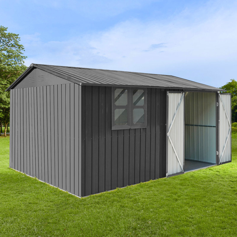 (Avec tablettes de rangement) Remises de jardin en métal 12 pi x 10 pi remise extérieure, Avec tablettes de rangement, Grey