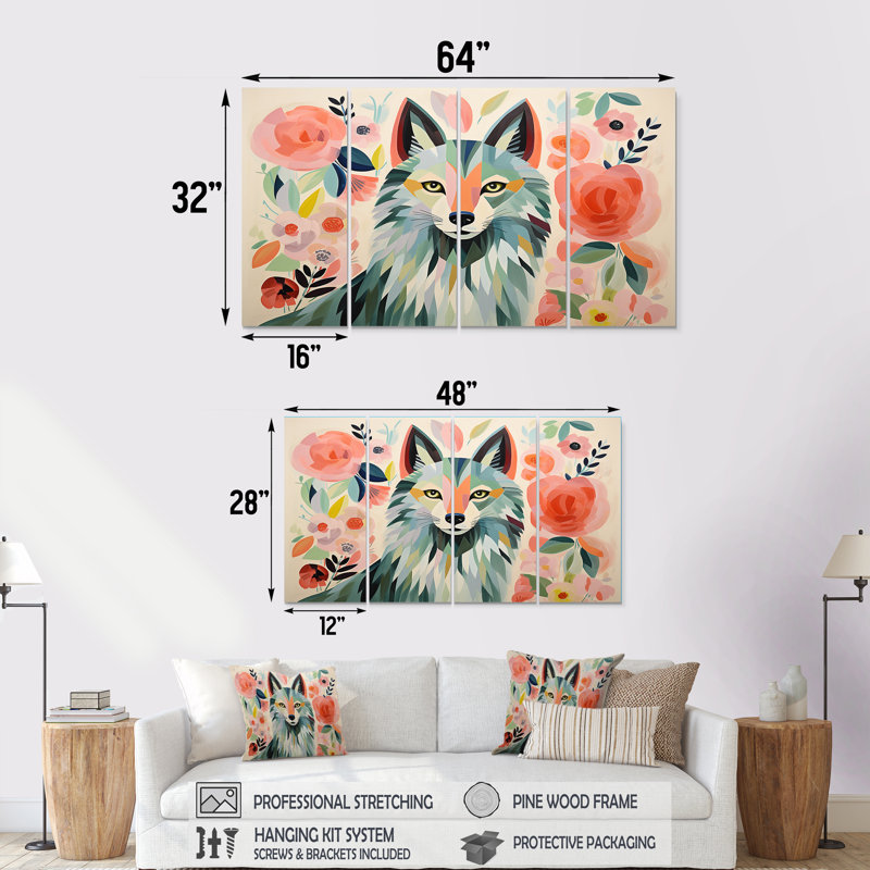 «Boho rose et vert», portrait de loup III - loup, 4 pièces, H 28 po x l 48 po
