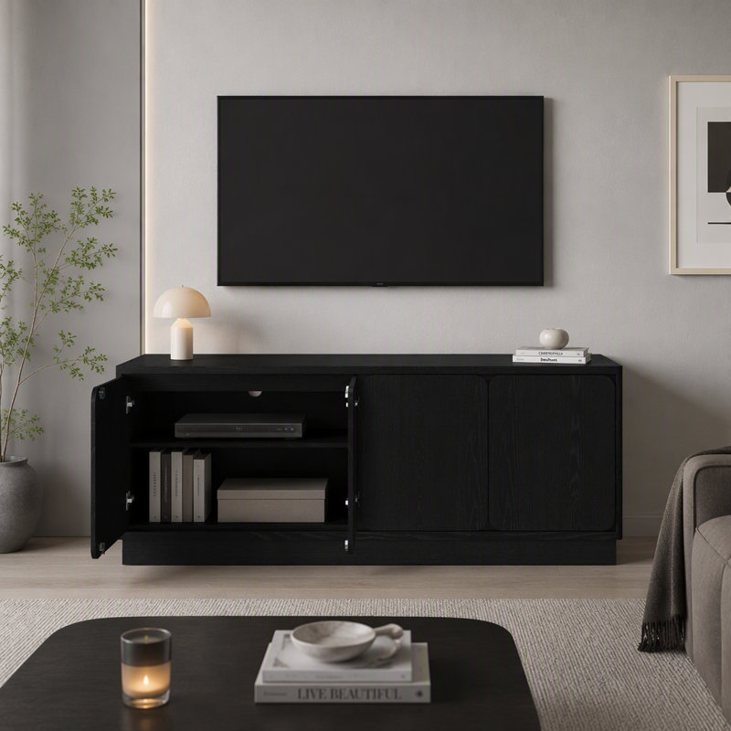 Meuble télé, buffet avec 4 portes de rangement, console multimédia en panneaux de particules de bois avec passe-câbles, Noir