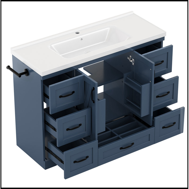 Meuble-lavabo de salle de bain avec lavabo, 7 tiroirs de rangement, tablette réglable et barre à serviettes latérale, Marine